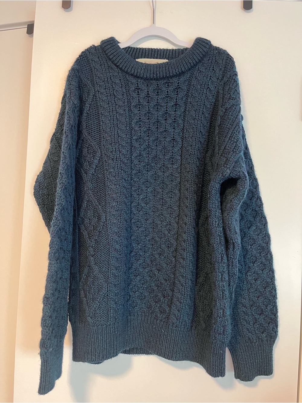 Wool Textured Cable Knit Fisherman Sweater in Deep Teal